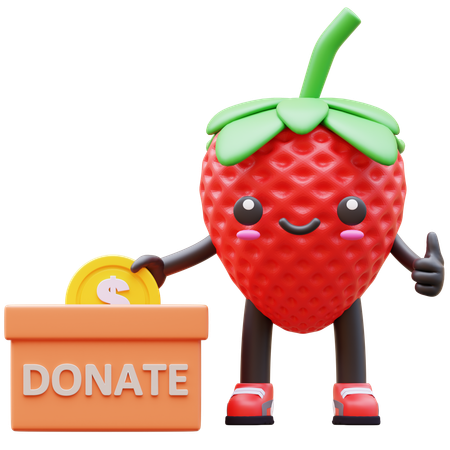 Strawberry Donating Coin Into Donation Box  3D Illustration