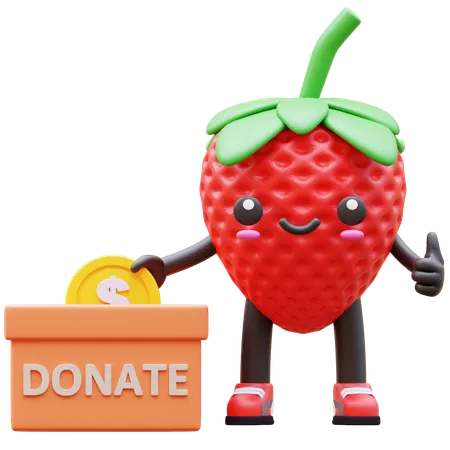Strawberry Donating Coin Into Donation Box  3D Illustration