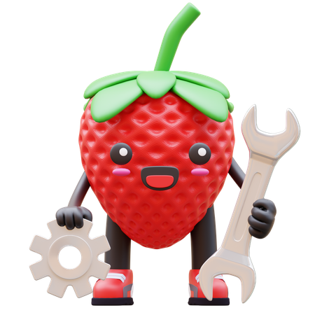Strawberry Fixing Gears And Wrench  3D Illustration