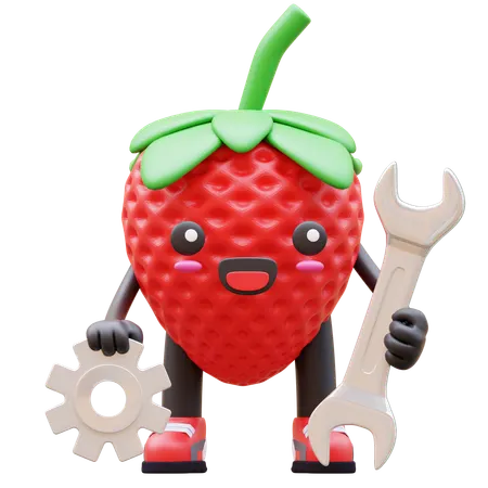 Strawberry Fixing Gears And Wrench  3D Illustration