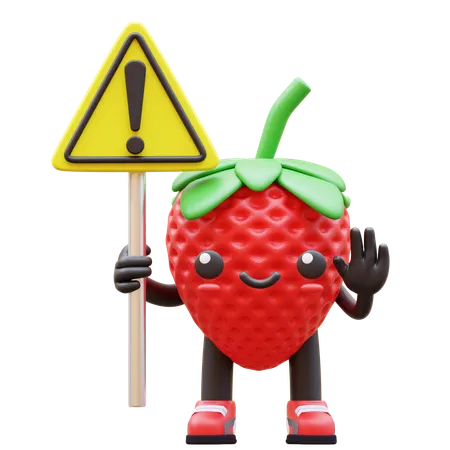 Strawberry Holding Attention Sign  3D Illustration