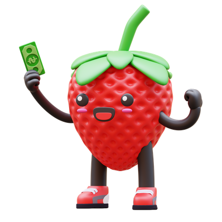 Strawberry Holding Currency And Happily Celebrating Success  3D Illustration