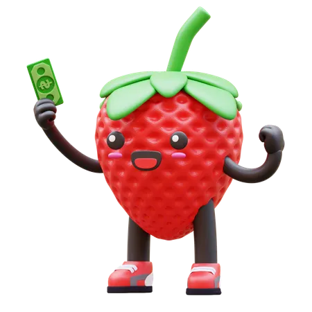 Strawberry Holding Currency And Happily Celebrating Success  3D Illustration