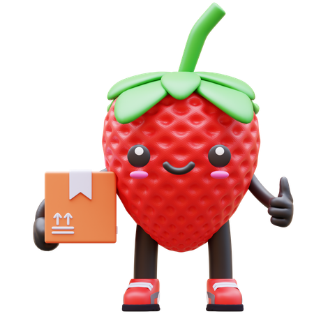 Strawberry Holding Delivery Box With Thumb Up  3D Illustration