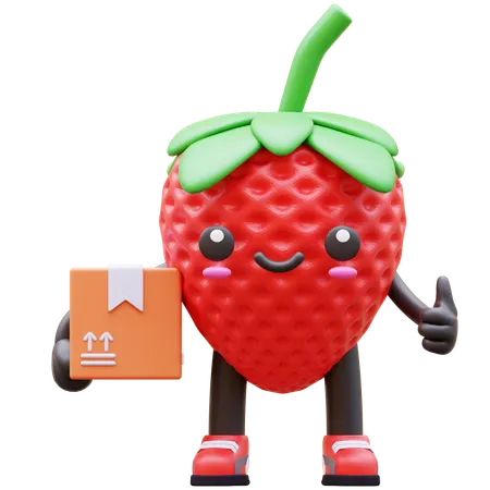 Strawberry Holding Delivery Box With Thumb Up  3D Illustration