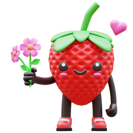 Strawberry Holding Flowers  3D Illustration