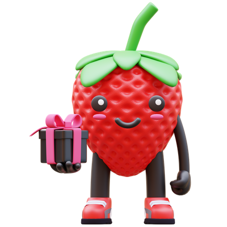 Strawberry Holding Gift Box  3D Illustration