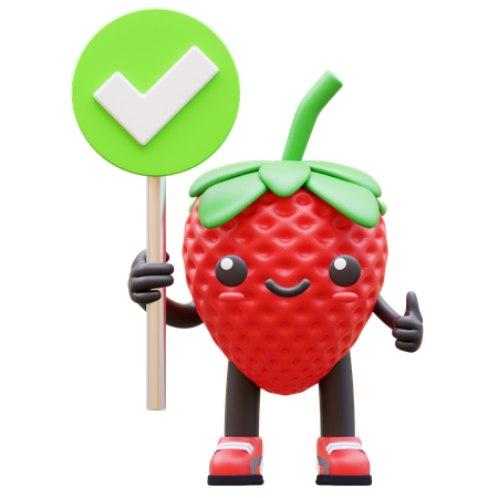 Strawberry Holding Green Checkmark  3D Illustration