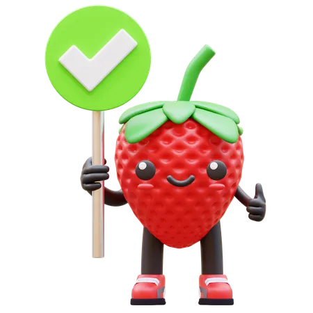 Strawberry Holding Green Checkmark  3D Illustration