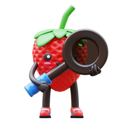Strawberry Holding Magnifying Glass  3D Illustration