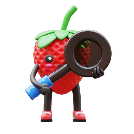 Strawberry Holding Magnifying Glass  3D Illustration