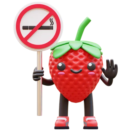 Strawberry Holding No Smoking Sign  3D Illustration