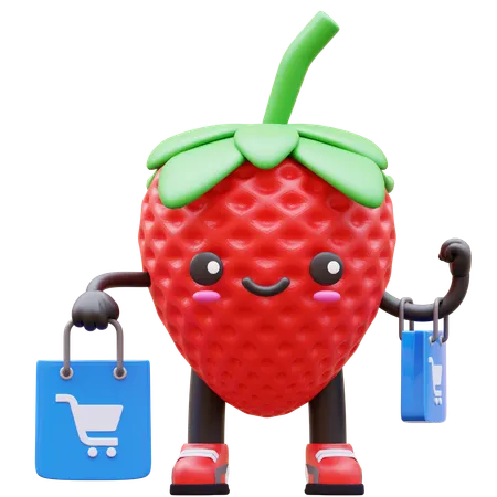 Strawberry Holding Shopping Bags  3D Illustration