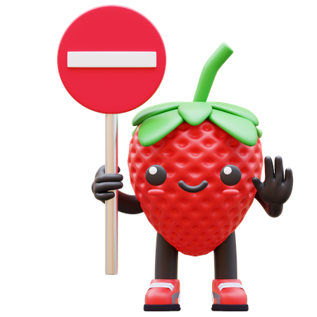 Strawberry Holding Stop Sign  3D Illustration