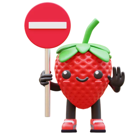 Strawberry Holding Stop Sign  3D Illustration