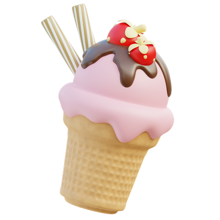 Strawberry Ice Cream Cone  3D Icon