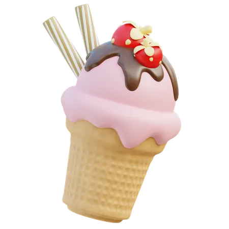 Strawberry Ice Cream Cone  3D Icon