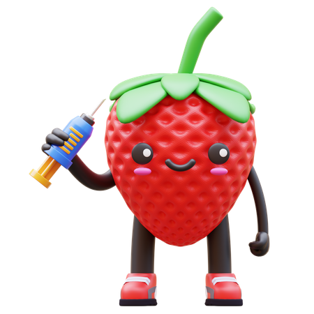Strawberry Is Holding Injection Syringe  3D Illustration