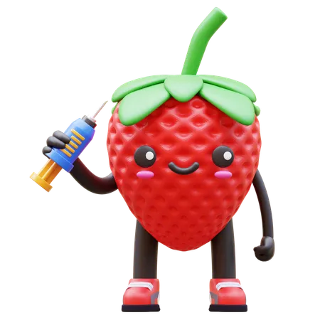 Strawberry Is Holding Injection Syringe  3D Illustration