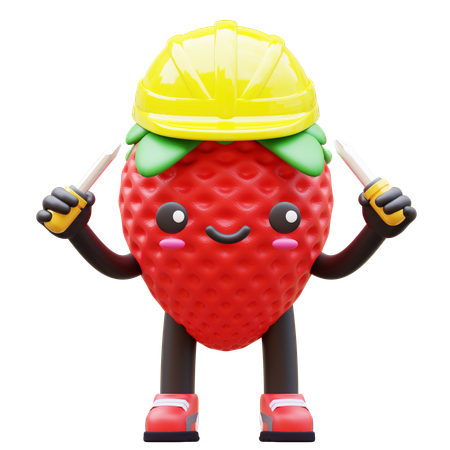 Strawberry Is Worker Wearing Yellow Helmet  3D Illustration