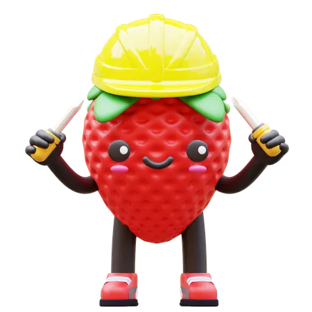Strawberry Is Worker Wearing Yellow Helmet  3D Illustration
