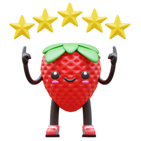 Strawberry Pointing To Five Stars Above  3D Illustration