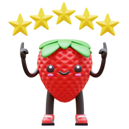 Strawberry Pointing To Five Stars Above  3D Illustration
