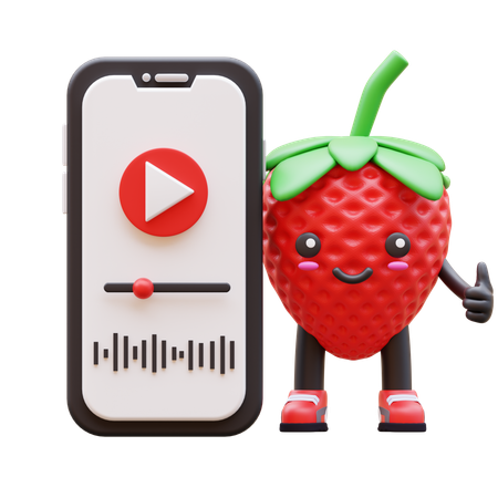 Strawberry Shows Thumb Up Beside Smartphone Screen Video  3D Icon