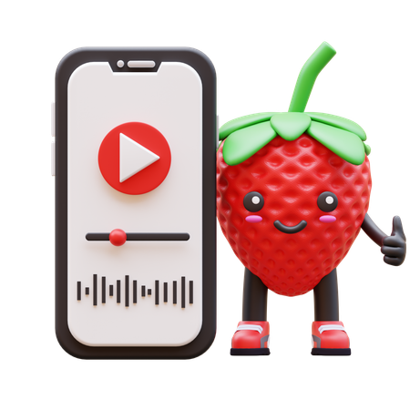 Strawberry Shows Thumb Up Beside Smartphone Screen Video  3D Illustration