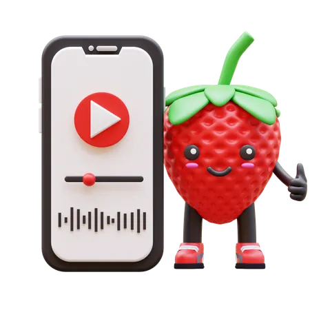 Strawberry Shows Thumb Up Beside Smartphone Screen Video  3D Illustration