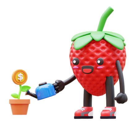 Strawberry Watering Dollar Plant In The Pot  3D Illustration