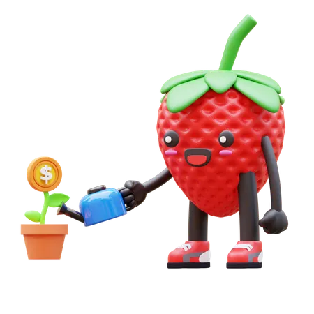 Strawberry Watering Dollar Plant In The Pot  3D Illustration