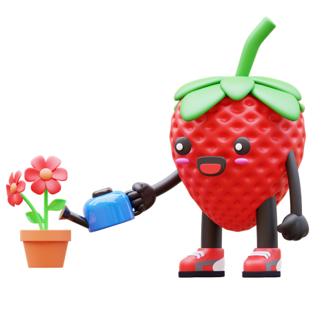 Strawberry Watering Red Flower In Pot  3D Illustration