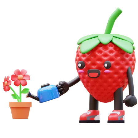 Strawberry Watering Red Flower In Pot  3D Illustration
