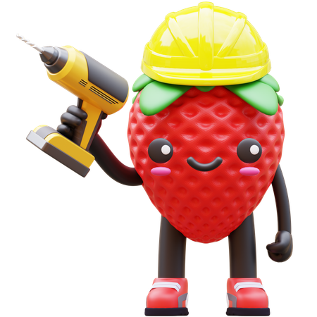 Strawberry Wearing Hard Hat Holding A Drill  3D Illustration