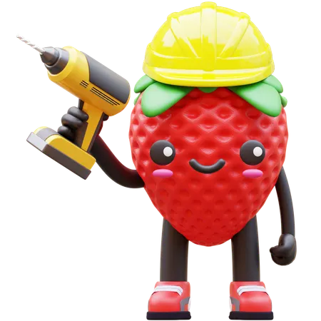 Strawberry Wearing Hard Hat Holding A Drill  3D Illustration
