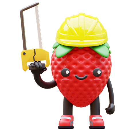 Strawberry Wearing Hard Hat Holding Saw  3D Icon