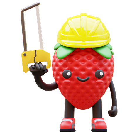 Strawberry Wearing Hard Hat Holding Saw  3D Illustration
