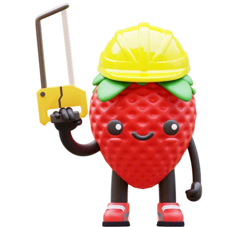 Strawberry Wearing Hard Hat Holding Saw  3D Illustration