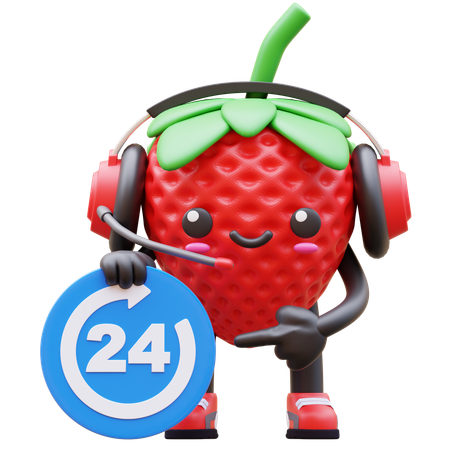 Strawberry With Headset Is Advertising 24 Hour Support  3D Illustration