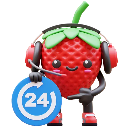 Strawberry With Headset Is Advertising 24 Hour Support  3D Illustration