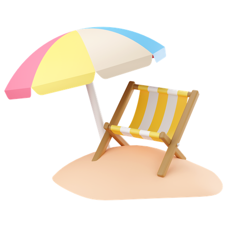 Striped beach chair with beach umbrella 3D Icon