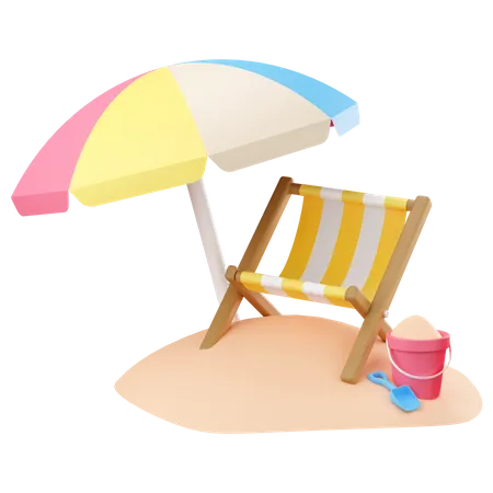 Striped beach chair with beach umbrella 3D Icon