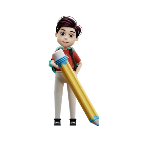 Student Boy Holding A Pencil  3D Illustration