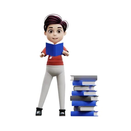 Student Boy Reading A Book  3D Illustration