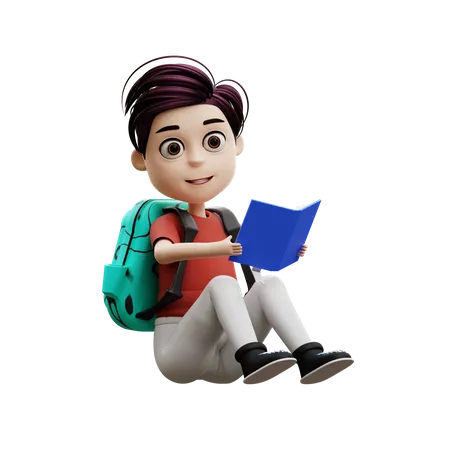 Student Boy Reading A Book  3D Illustration