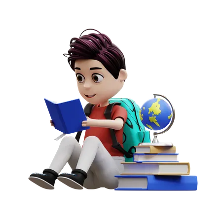 Student Boy Reading A Book  3D Illustration