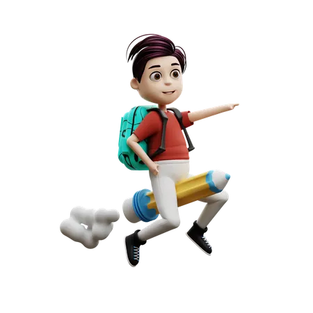 Student Boy Riding A Pencil Rocket  3D Illustration