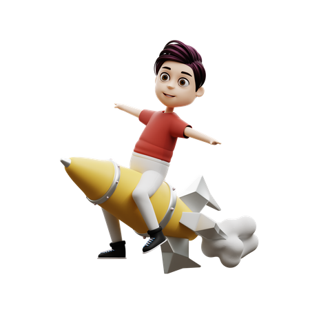 Student Boy Riding A Rocket  3D Illustration