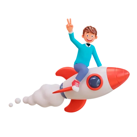 Student fliegt mit einer Rakete  3D Illustration